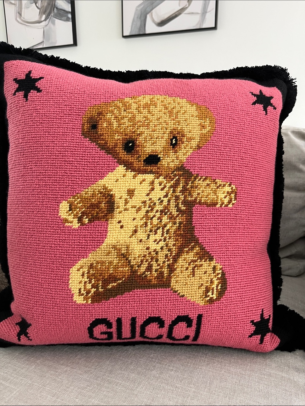 GUCCI Pink Teddy Throw Pillows with Black Trim